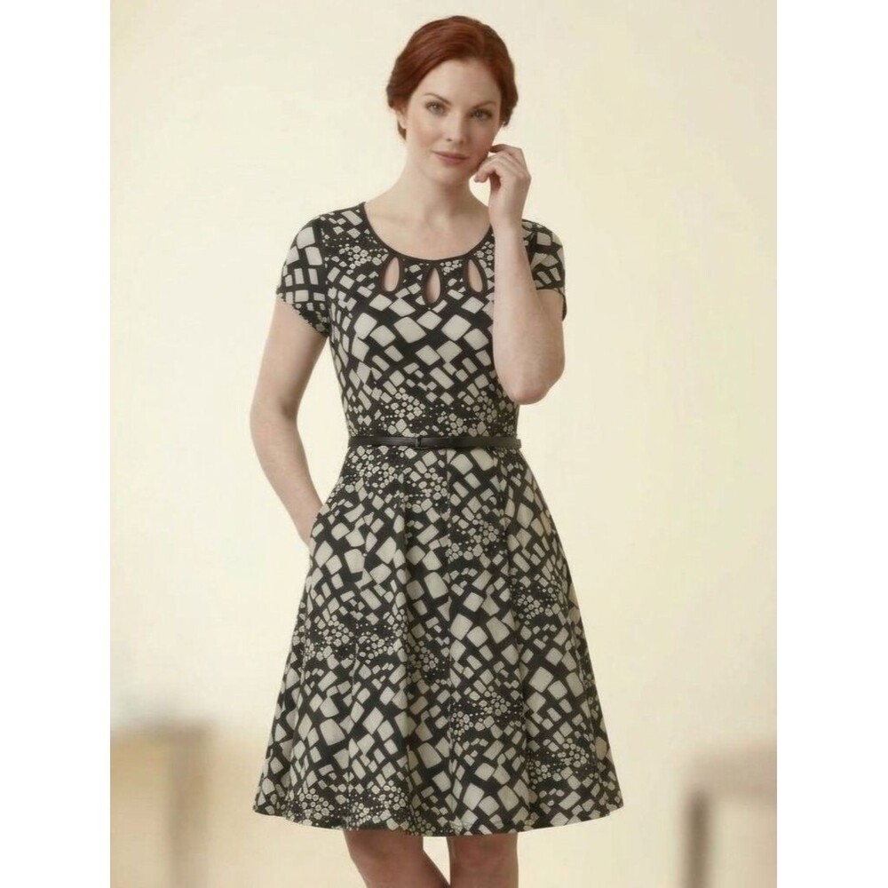 Perceptions New York Black & White Geometric Cutout Dress with Belt - Size 10